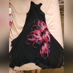 Jennifer Lopez Black Maxi Dress with Pink Floral Design